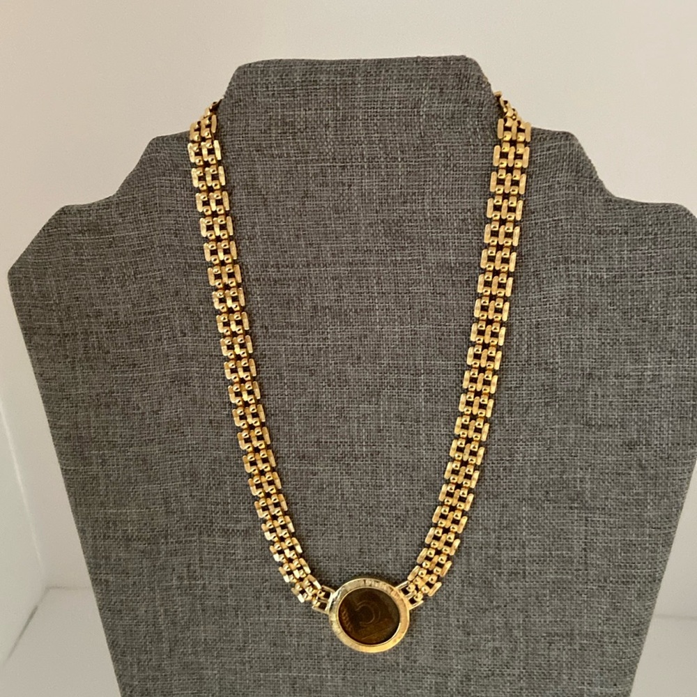 Vintage Popcorn Chain Necklace with 5 Roubles 1992 Coin Gold Tone. 15.5”